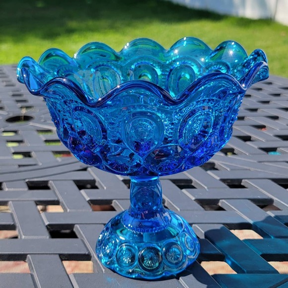 Vintage Other - L.E. Smith Moon & Stars Blue Glass 7" Pedestal Compote Vintage Bowl